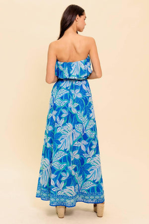 A printed woven maxi dress featuring strapless, flounce and elasticized waist