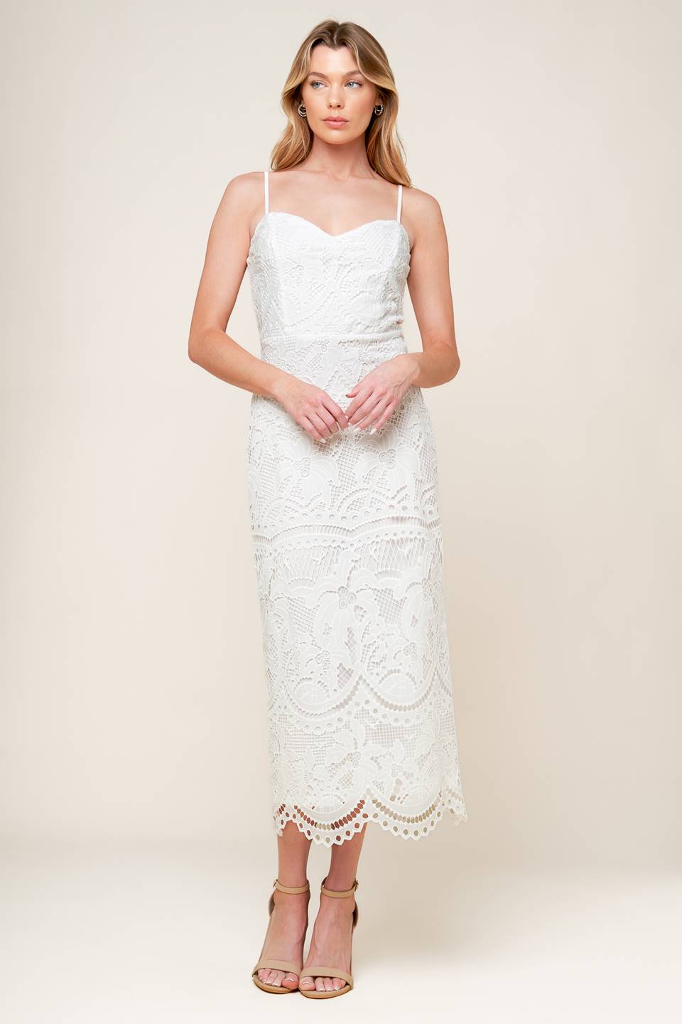 A white woven lace midi dress featuring sweetheart neckline, straps and back zipper closure.