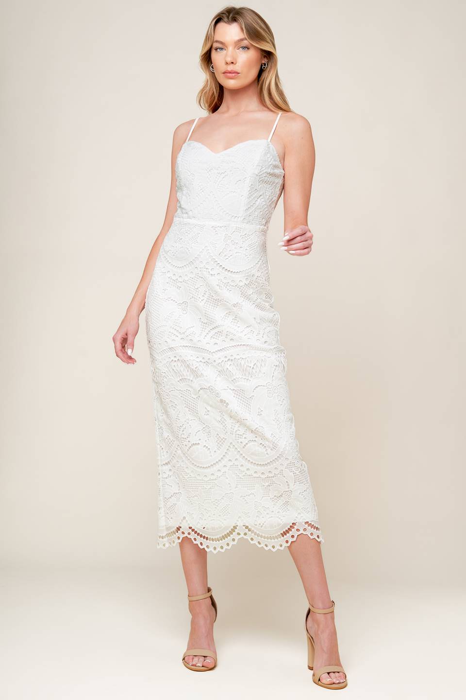 A white woven lace midi dress featuring sweetheart neckline, straps and back zipper closure.