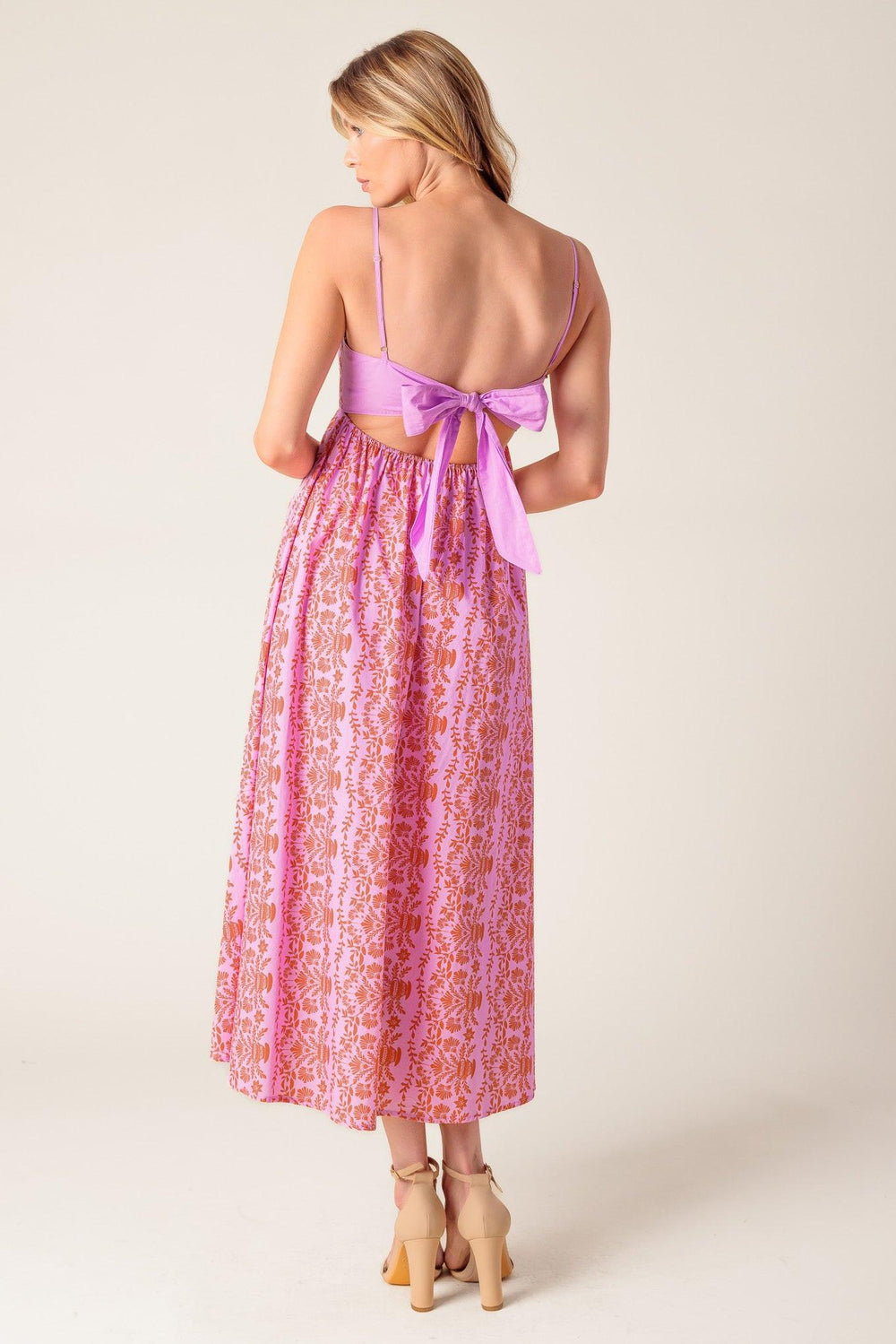 THE EVETTE PINK WOVEN MIDI DRESS.