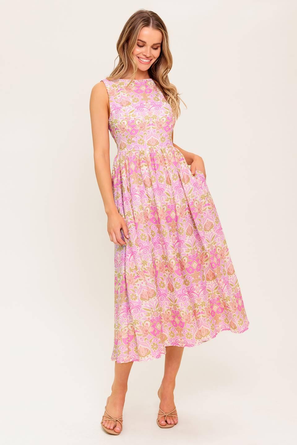 UNDER THE SUN PINK WOVEN MIDI DRESS.