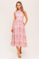 UNDER THE SUN PINK WOVEN MIDI DRESS.