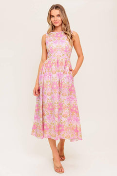 UNDER THE SUN PINK WOVEN MIDI DRESS.