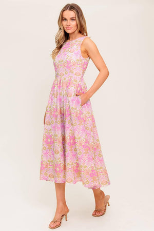 UNDER THE SUN PINK WOVEN MIDI DRESS.