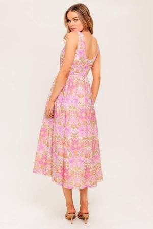 UNDER THE SUN PINK WOVEN MIDI DRESS.