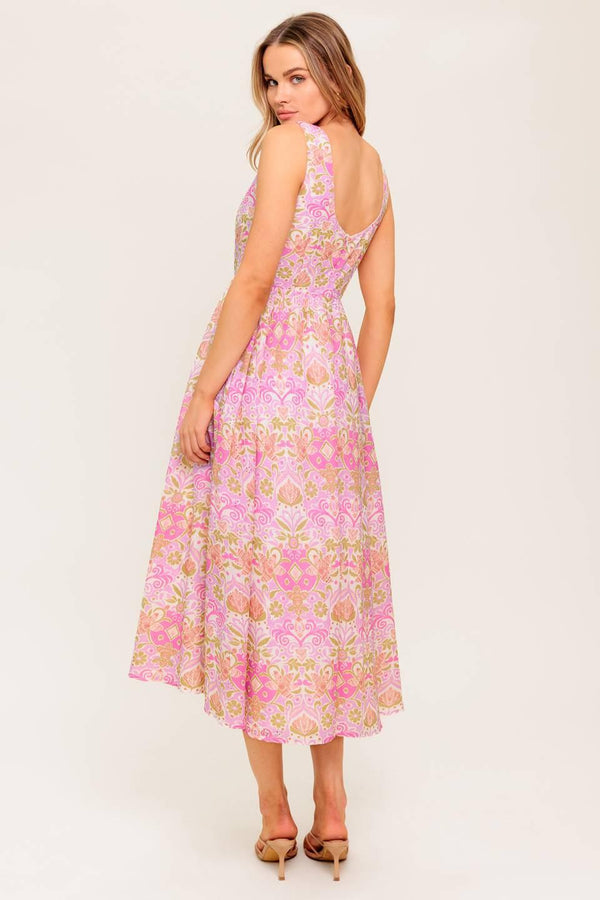 UNDER THE SUN PINK WOVEN MIDI DRESS.