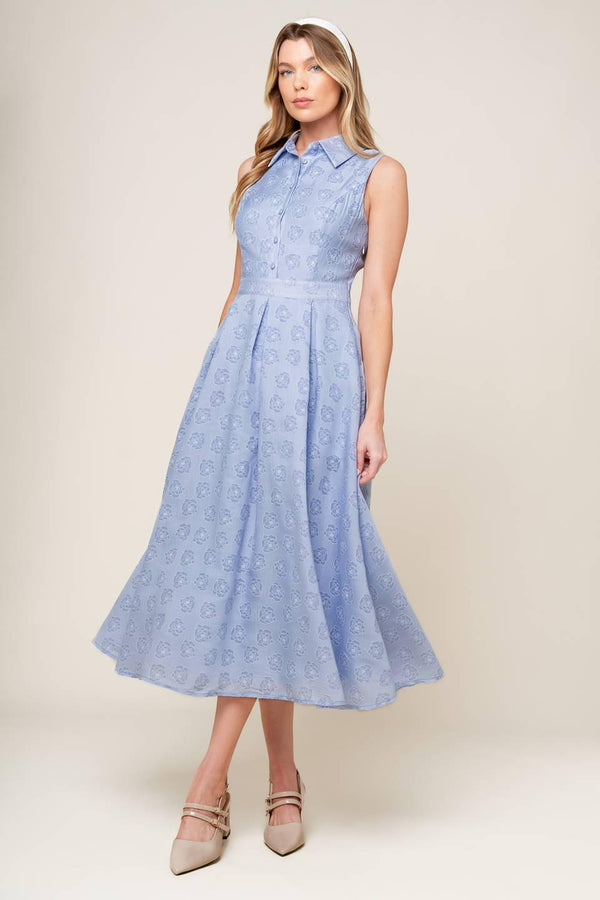 GRAND ENTRANCE WOVEN MIDI DRESS.