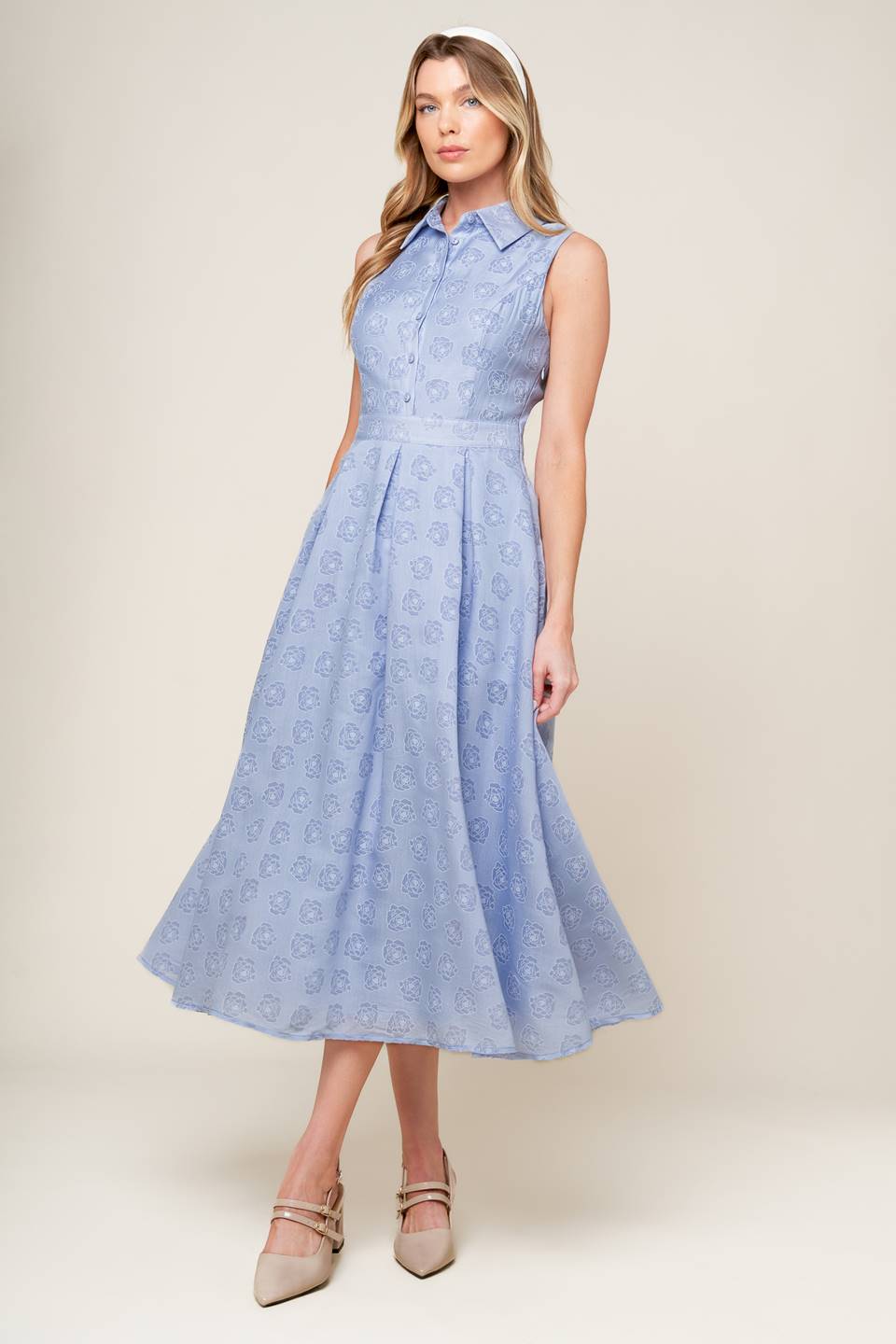 A slate blue woven midi dress featuring collar, button down, inverted pleat full skirt and side zipper closure.