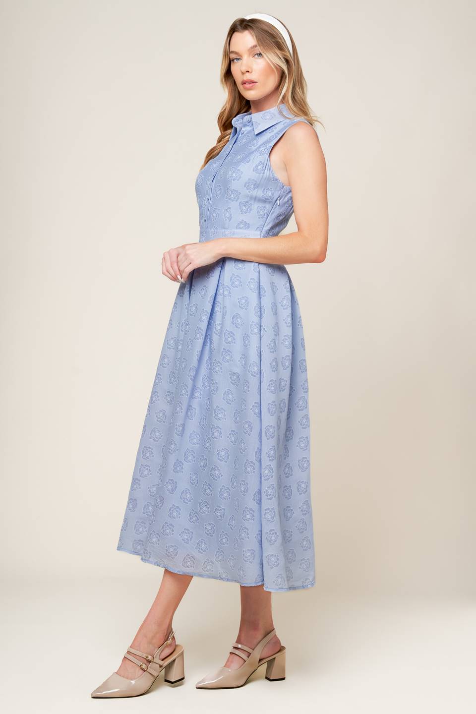 A slate blue woven midi dress featuring collar, button down, inverted pleat full skirt and side zipper closure.