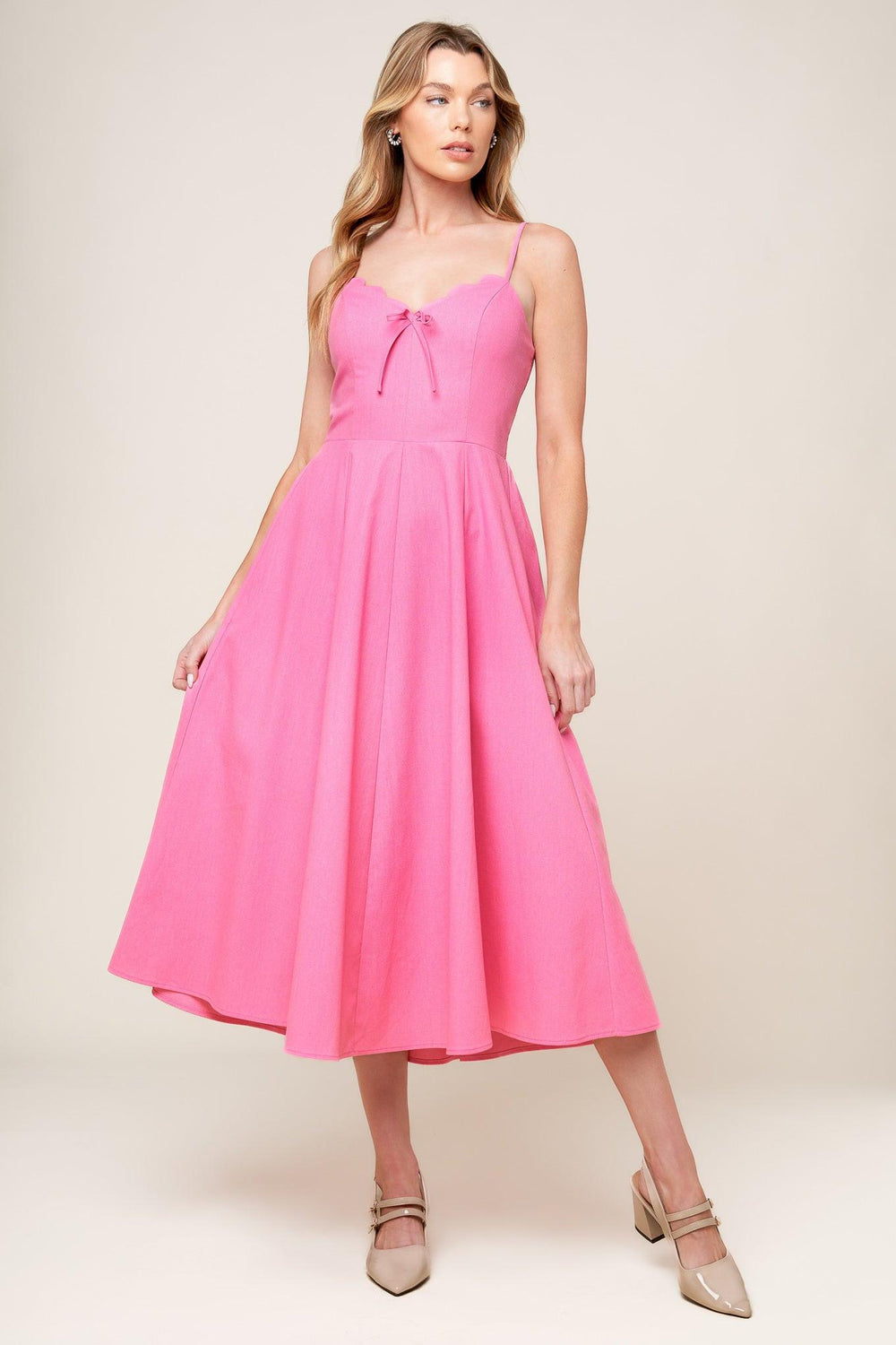 LET THE LIGHT PINK WOVEN MIDI DRESS.