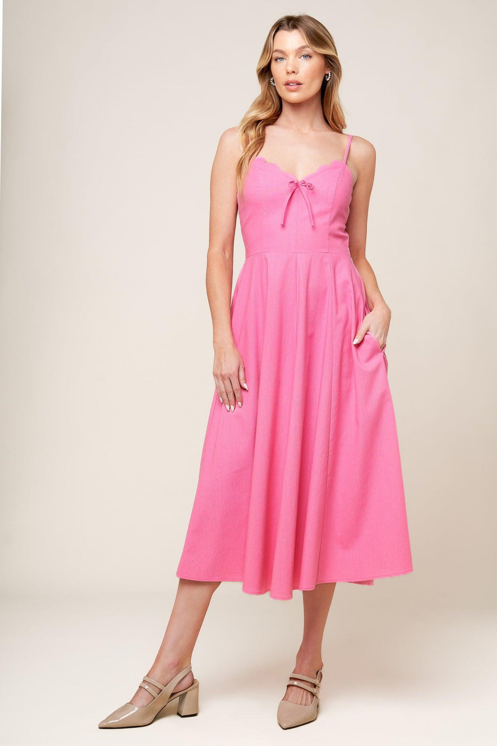 LET THE LIGHT PINK WOVEN MIDI DRESS.