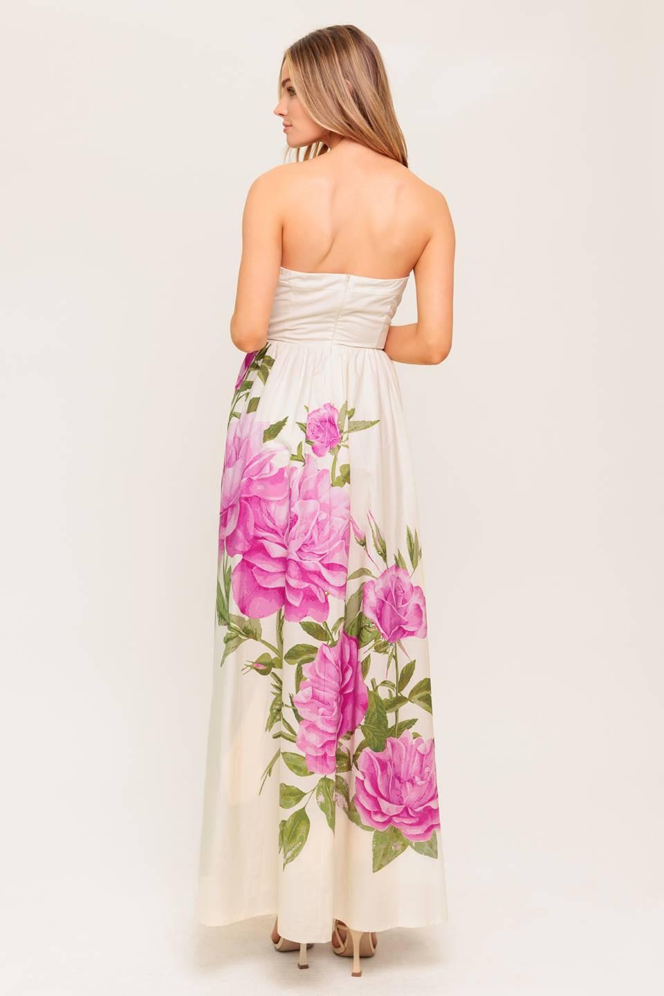 A printed woven maxi dress featuring strapless, full skirt and back zipper closure.