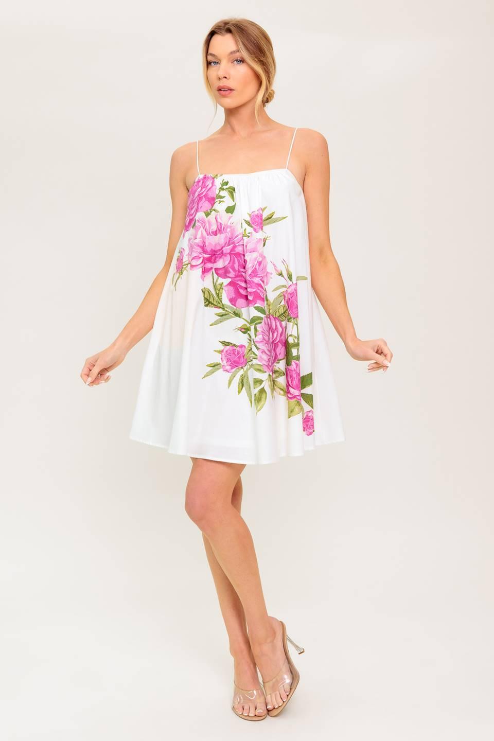 GARDEN WHISPERS PINK FLORAL WOVEN MINI DRESS.
