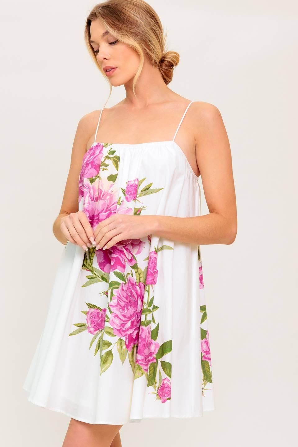 GARDEN WHISPERS PINK FLORAL WOVEN MINI DRESS.