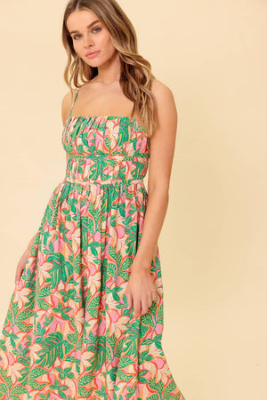 A printed woven midi dress featuring pleated bodice, straight neckline with shoulder strap, full skirt and back zipper closure
