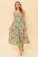 A printed woven midi dress featuring pleated bodice, straight neckline with shoulder strap, full skirt and back zipper closure