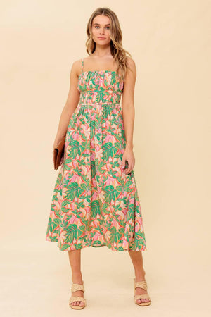 A printed woven midi dress featuring pleated bodice, straight neckline with shoulder strap, full skirt and back zipper closure