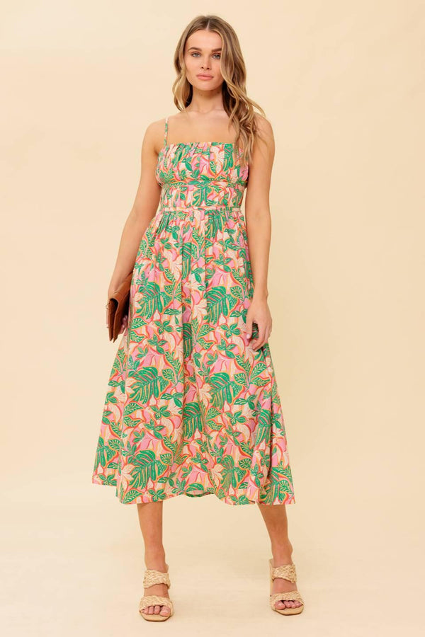 A printed woven midi dress featuring pleated bodice, straight neckline with shoulder strap, full skirt and back zipper closure