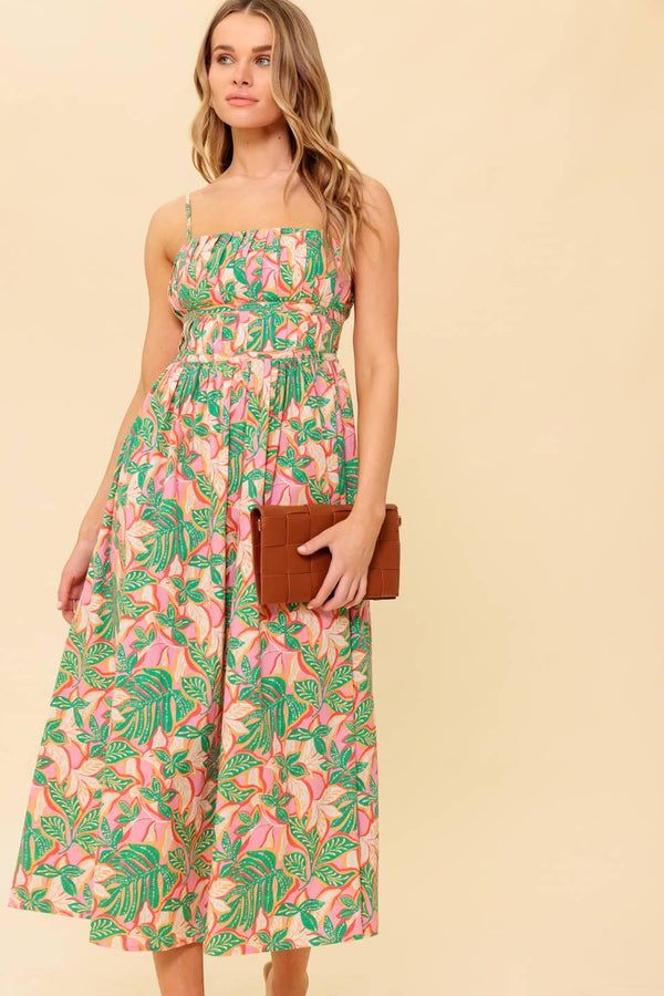 A printed woven midi dress featuring pleated bodice, straight neckline with shoulder strap, full skirt and back zipper closure
