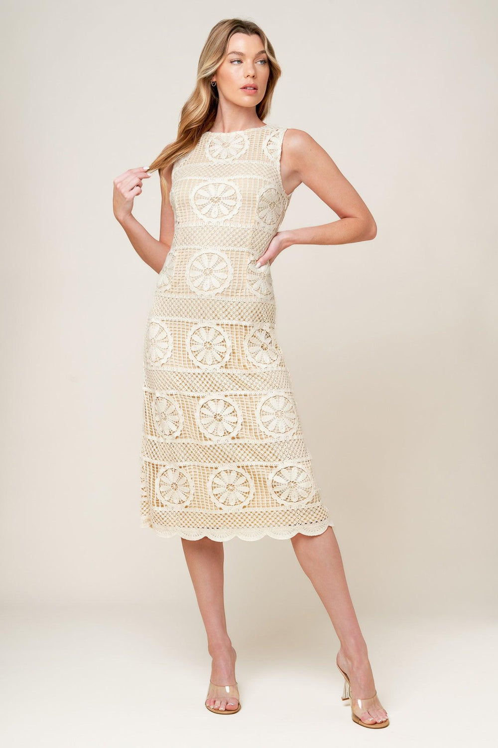 PRETTIEST ENERGY CREAM LACE MIDI DRESS.