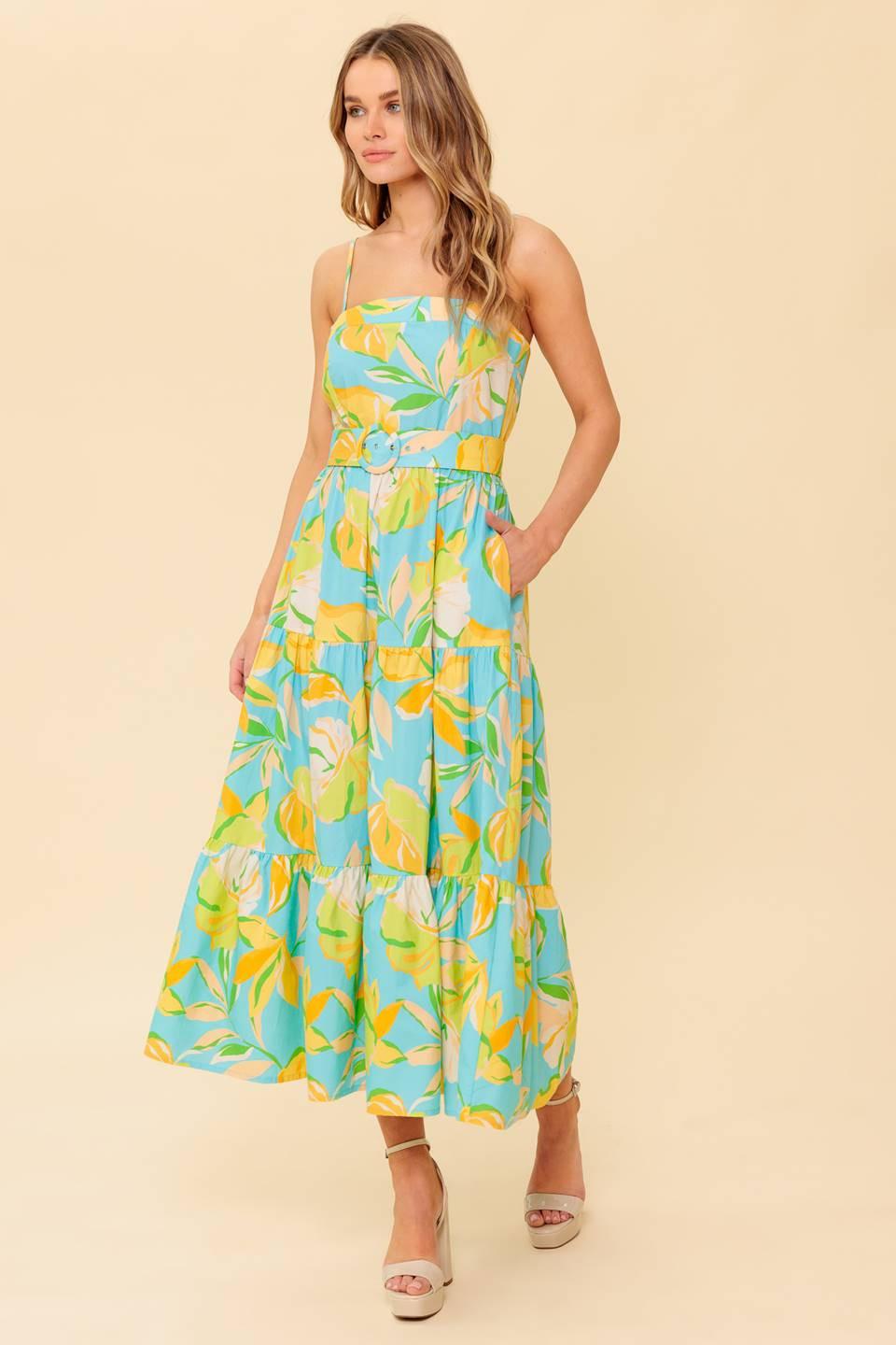 A teal and yellow printed woven midi dress featuring straight neckline, straps, self belt, tiered skirt and back zipper closure
