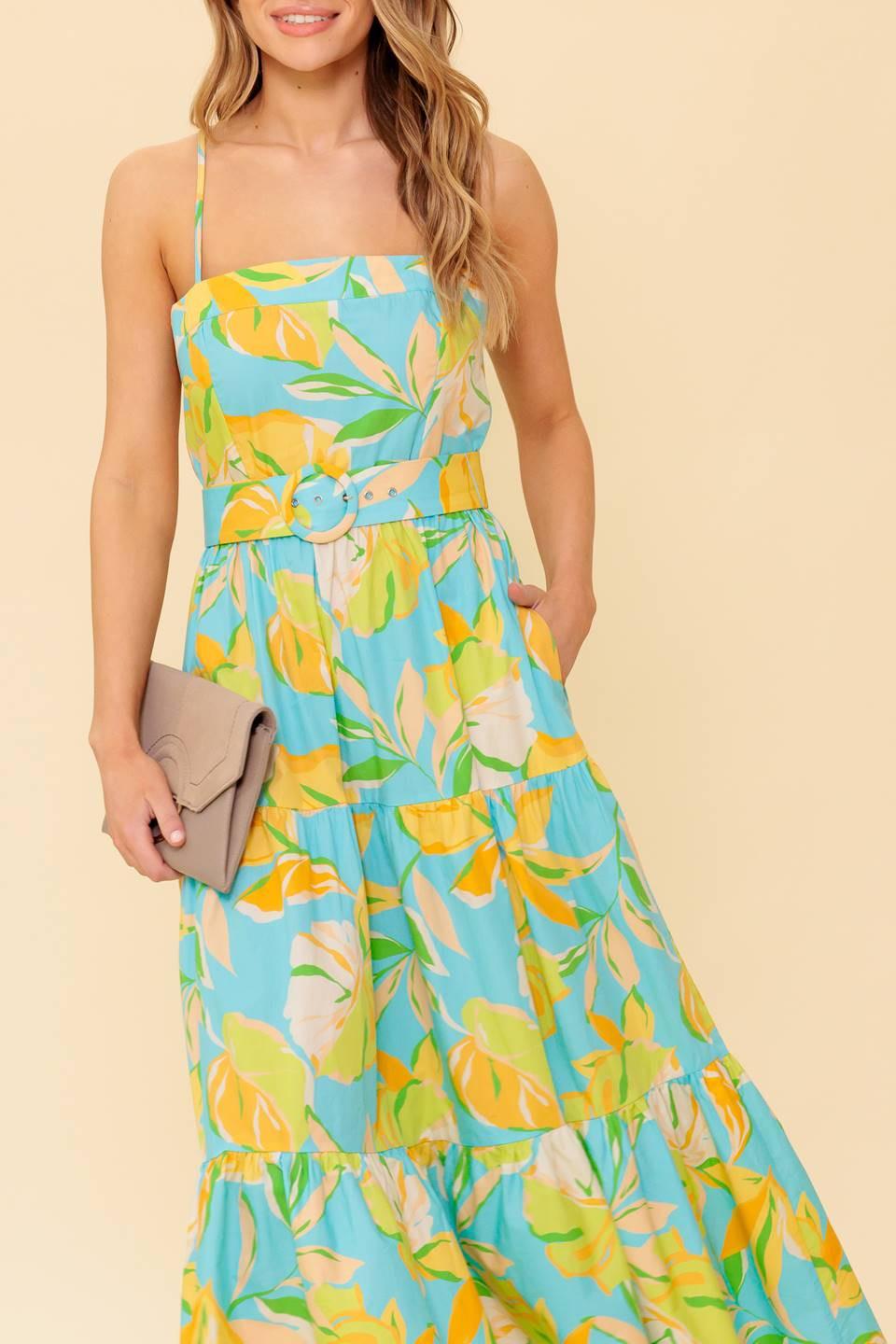 A teal and yellow printed woven midi dress featuring straight neckline, straps, self belt, tiered skirt and back zipper closure