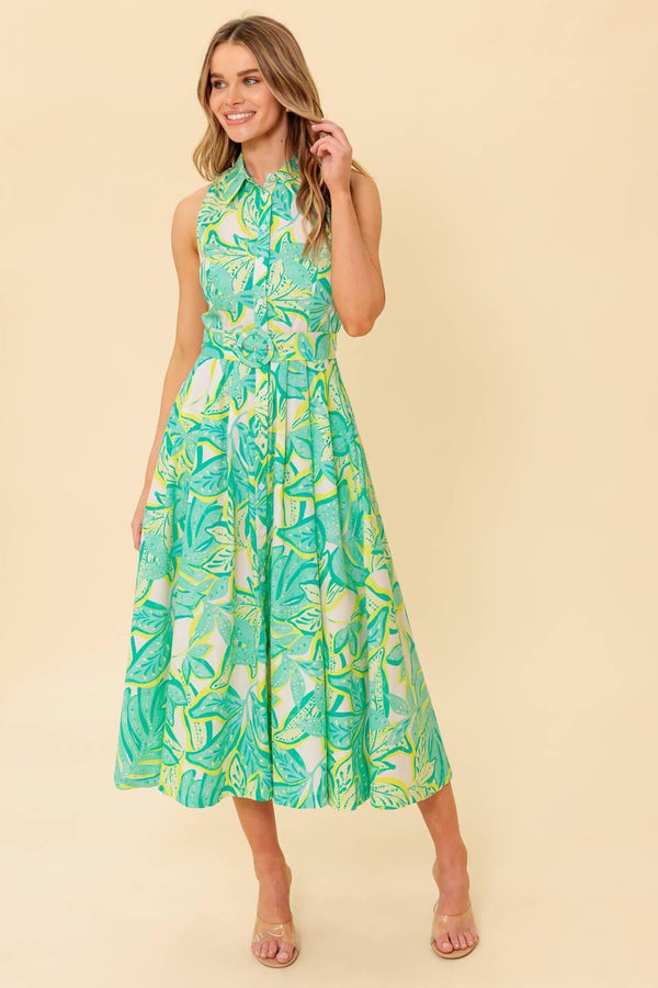 A printed woven midi dress featuring collar, sleeveless, button down and self belt