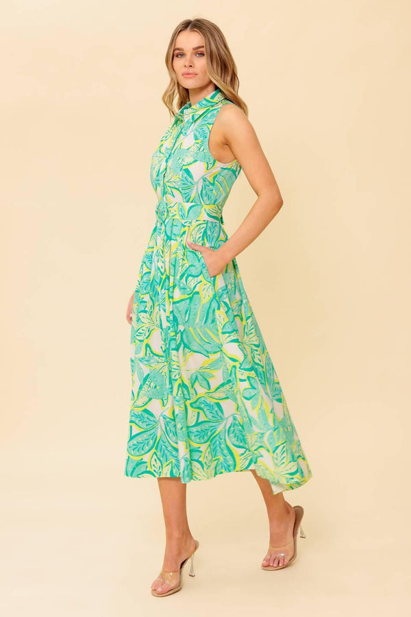 A printed woven midi dress featuring collar, sleeveless, button down and self belt