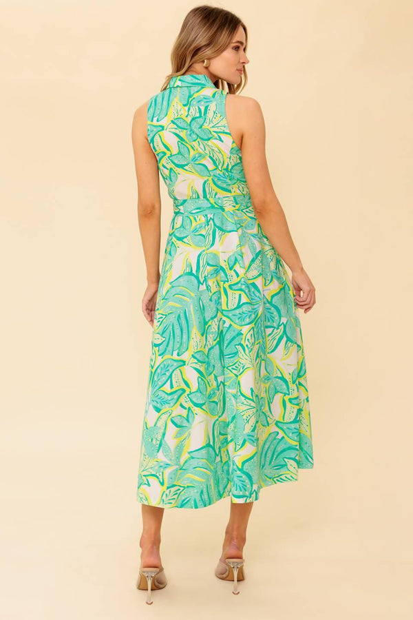 A printed woven midi dress featuring collar, sleeveless, button down and self belt