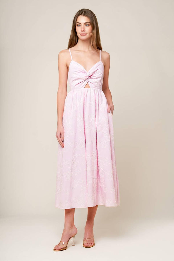 ALONG THE SHORE PINK WOVEN MIDI DRESS.