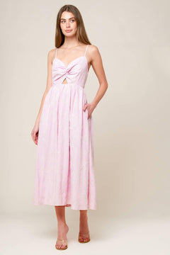 ALONG THE SHORE PINK WOVEN MIDI DRESS.