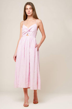 ALONG THE SHORE PINK WOVEN MIDI DRESS.