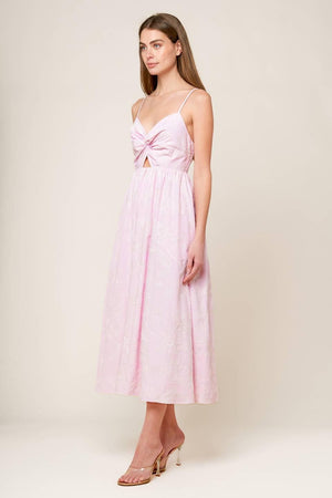 ALONG THE SHORE PINK WOVEN MIDI DRESS.