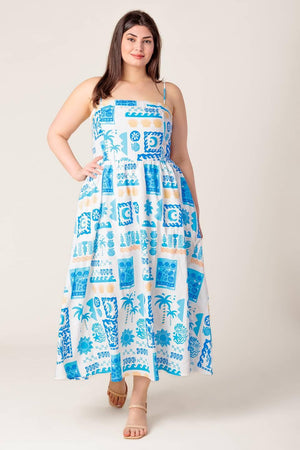 FLOWER GIRL BLUE WOVEN MIDI DRESS.