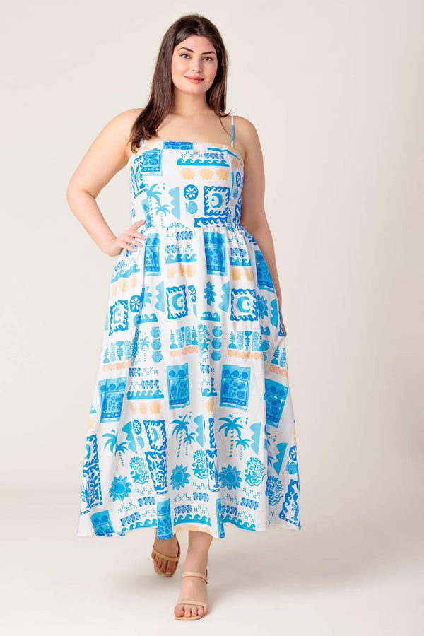 FLOWER GIRL BLUE WOVEN MIDI DRESS.