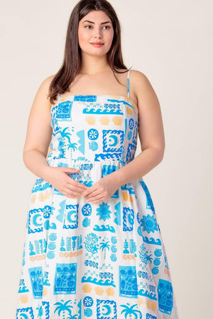FLOWER GIRL BLUE WOVEN MIDI DRESS.