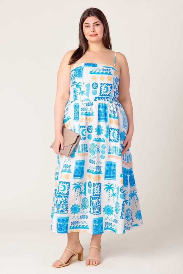 FLOWER GIRL BLUE WOVEN MIDI DRESS.