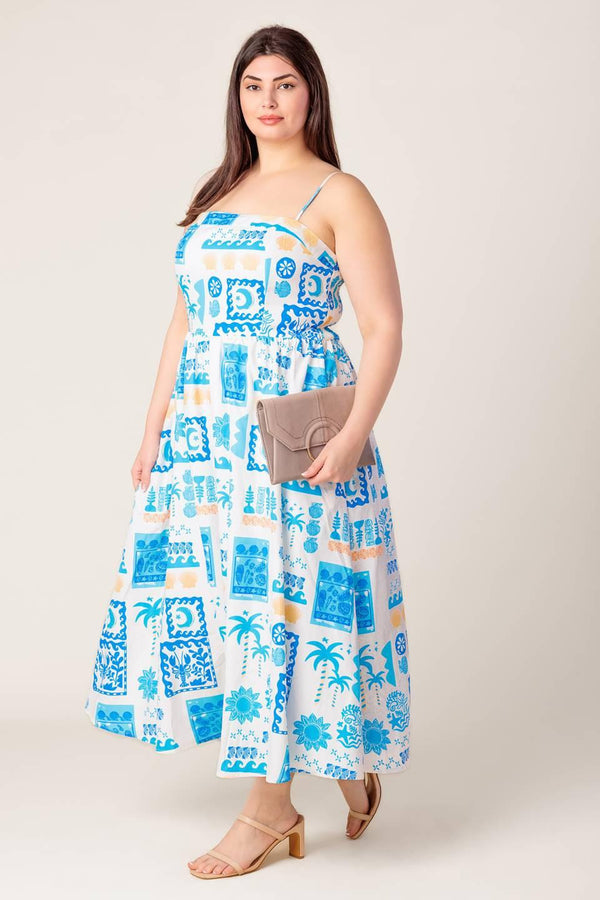 FLOWER GIRL BLUE WOVEN MIDI DRESS.