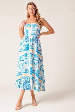 A printed woven midi dress featuring straight neckline, straps, full skirt and back zipper closure