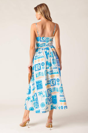 FLOWER GIRL BLUE WOVEN MIDI DRESS.