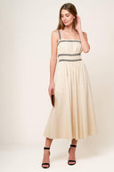 TERRIFIC TIMING CREAM WOVEN MIDI DRESS.