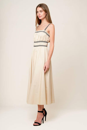TERRIFIC TIMING CREAM WOVEN MIDI DRESS.