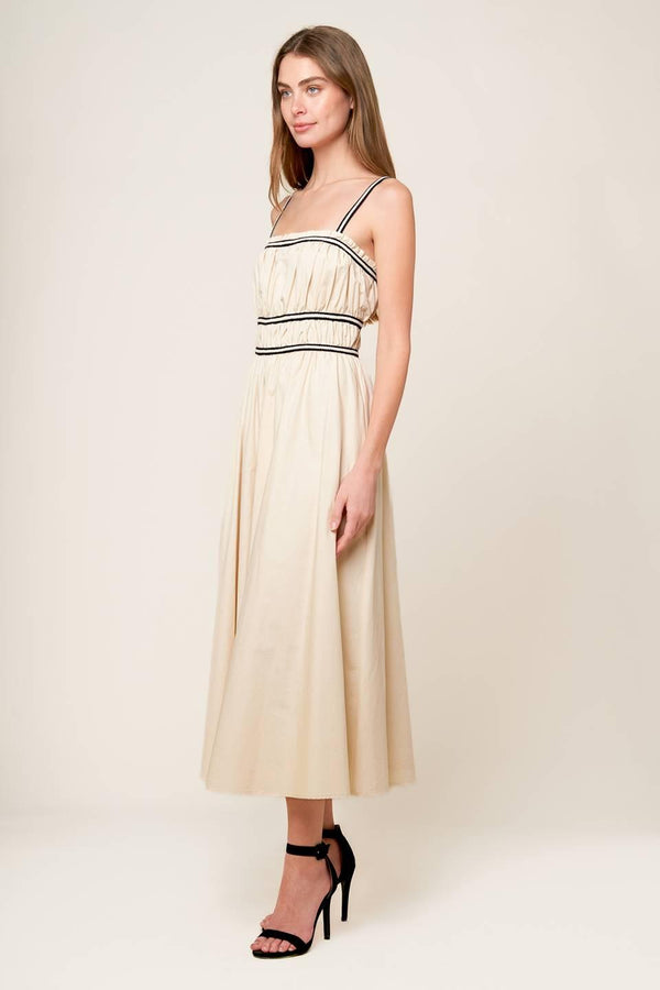 TERRIFIC TIMING CREAM WOVEN MIDI DRESS.
