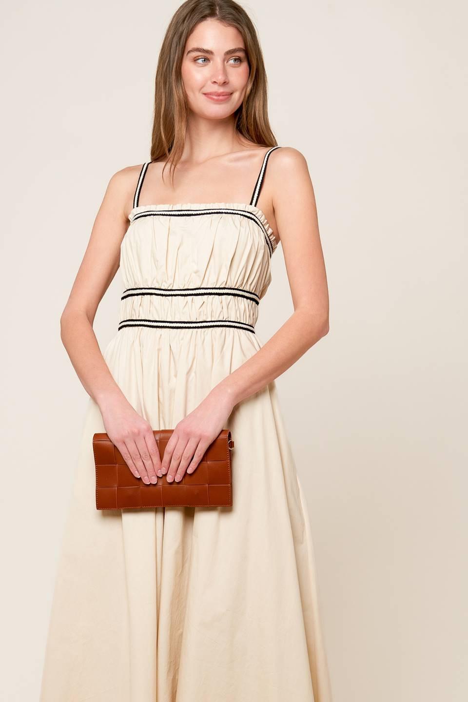 TERRIFIC TIMING CREAM WOVEN MIDI DRESS.