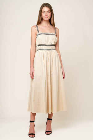 TERRIFIC TIMING CREAM WOVEN MIDI DRESS.