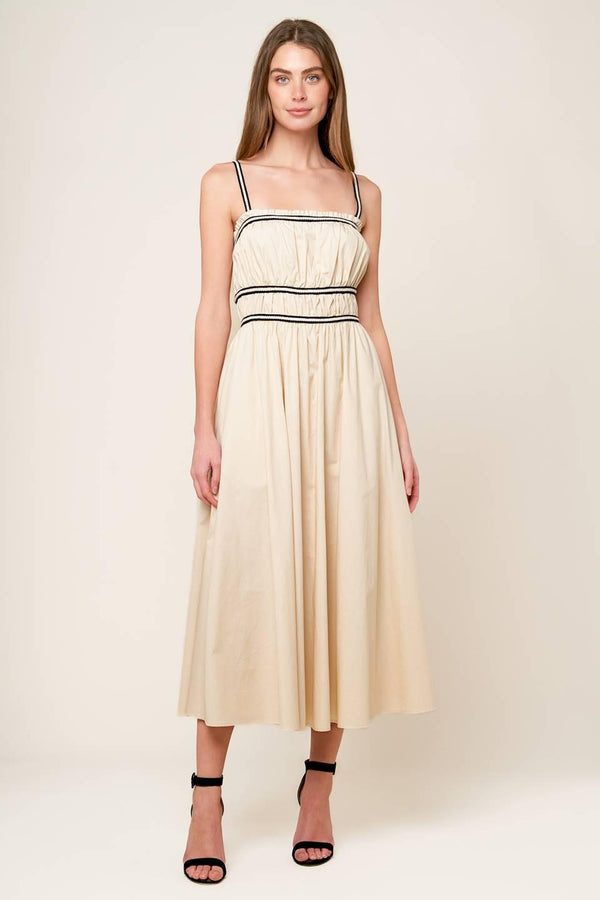TERRIFIC TIMING CREAM WOVEN MIDI DRESS.