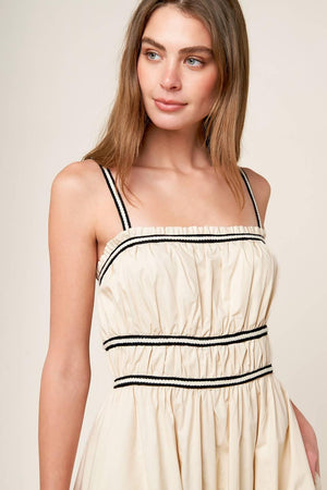TERRIFIC TIMING CREAM WOVEN MIDI DRESS.