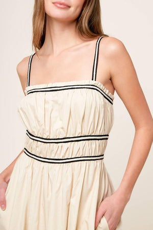 TERRIFIC TIMING CREAM WOVEN MIDI DRESS.