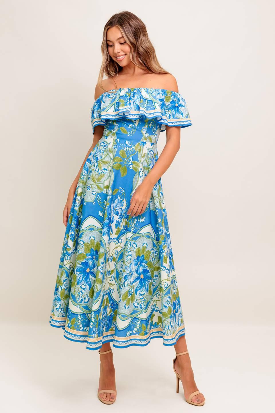 TROPICAL HAZE POWDER BLUE WOVEN MIDI DRESS.
