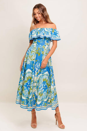 TROPICAL HAZE POWDER BLUE WOVEN MIDI DRESS.